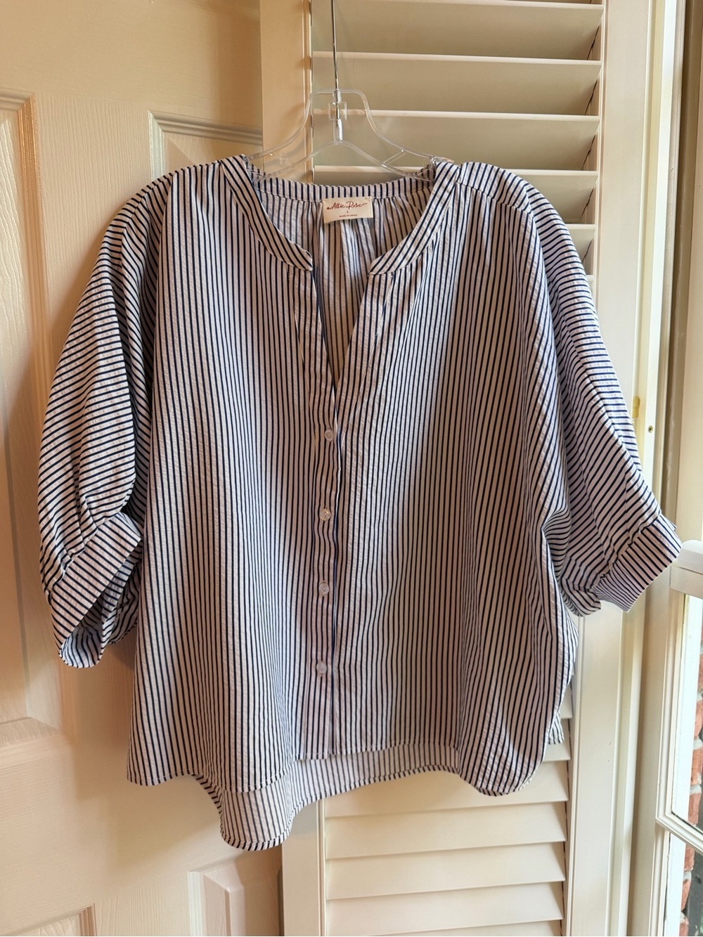 Striped Button-Front Blouse in Navy and White